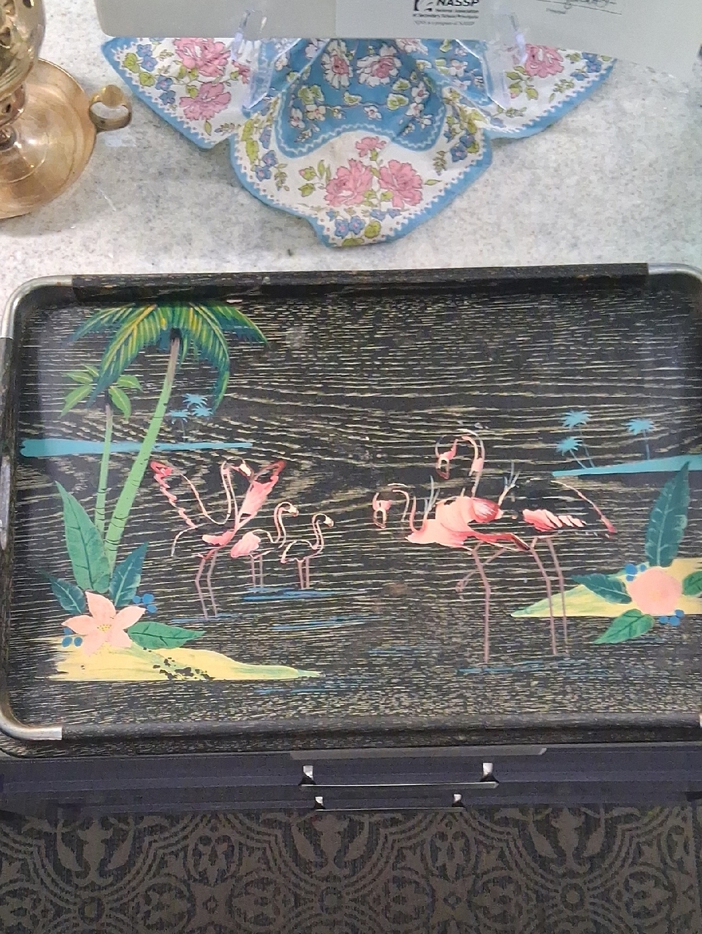 1950's Tropical Flamingo Wood Tray in Black with Pink Accents